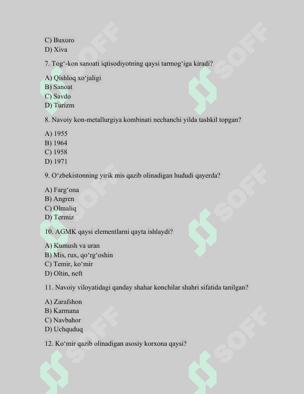 O‘zbekiston tog‘-kon sanoati 30 ta test savollari ( Javoblar kaliti bilan ) 3