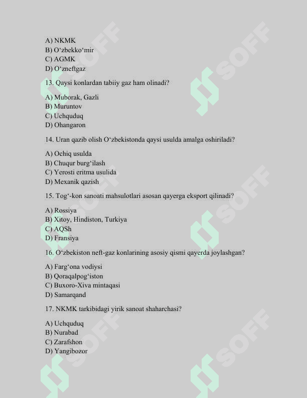 O‘zbekiston tog‘-kon sanoati 30 ta test savollari ( Javoblar kaliti bilan ) 4