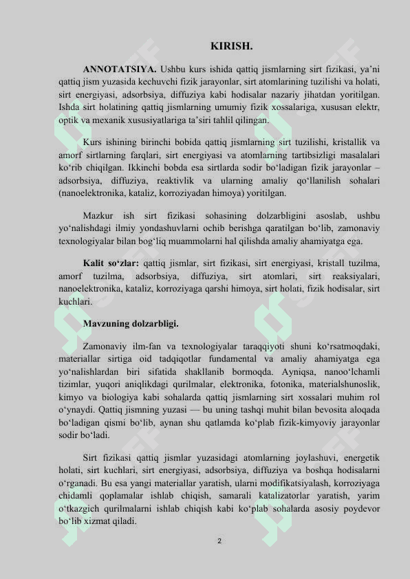 qattiq jismlarning sirt fizikasi. kurs ishi 2