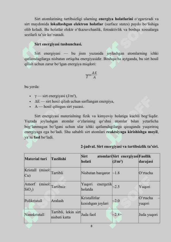 qattiq jismlarning sirt fizikasi. kurs ishi 8