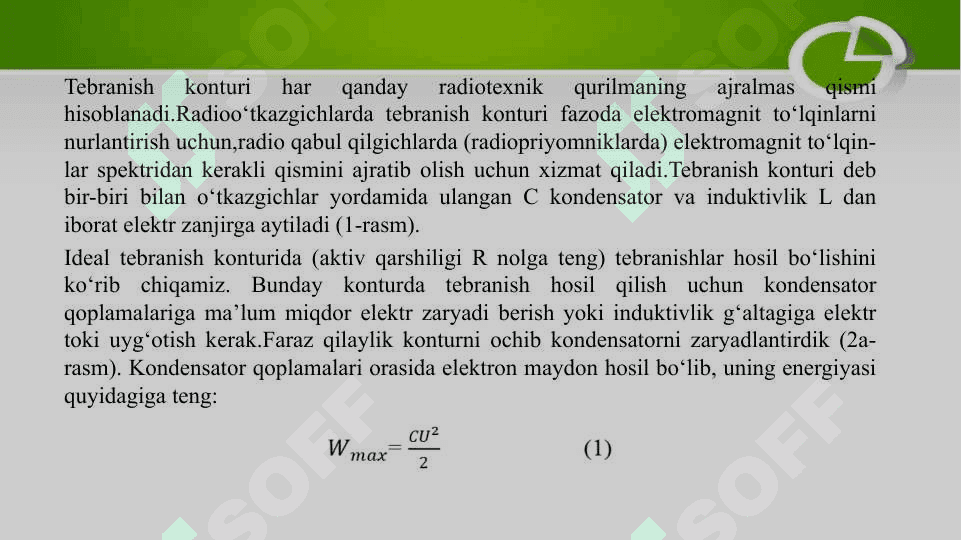 Soʼnish boʼlgandagi elektr tebranishlar. Xususiy elektr tebranishlar tenglamasi. Soʼnish boʼlmagandagi elektr tebranishlar. Majburiy elektr tebranishlar 4