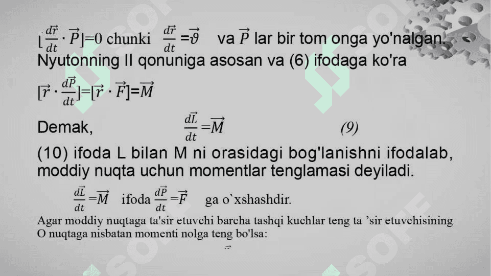 Impuls momenti. Og‘irlik va inersiya markazlari va uni aniqlash usullari. Impuls momentining saqlanish qonuni. 8