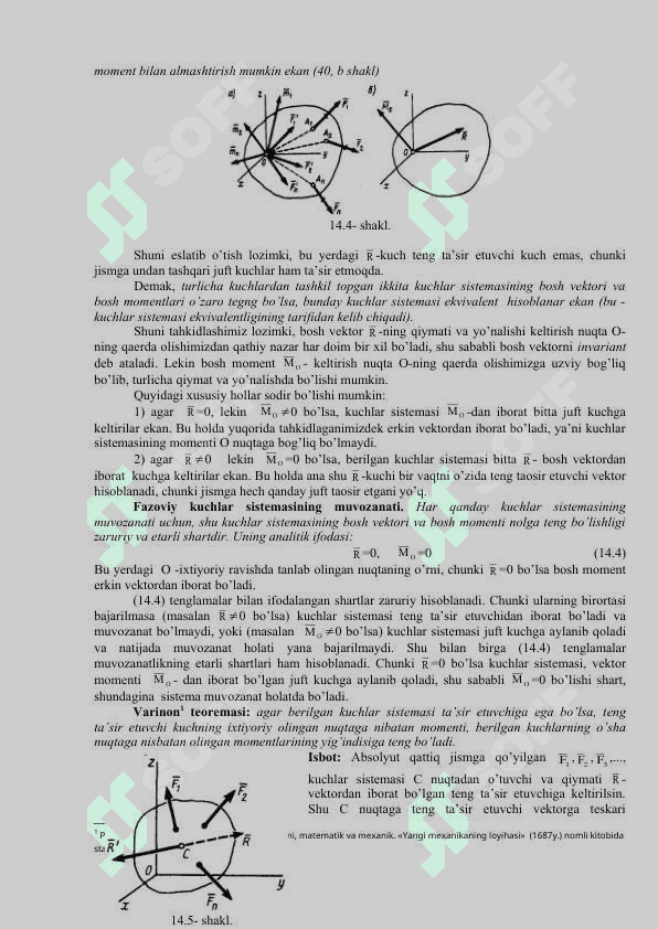 Kuchni o’ziga parallel ko’chirishga oid lemma. Tekislikda kuchlar sistemasining bosh vektori va bosh momenti. Tekislikda kuchlar sistemasini teng ta’sir etuvchiga keltirish.Varin’on teoremasi 3