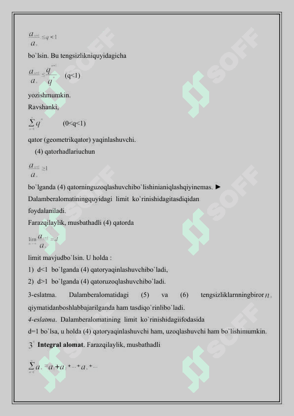 Musbathadli qatorlar uchun yaqinlashuvchilik alomatlari 4