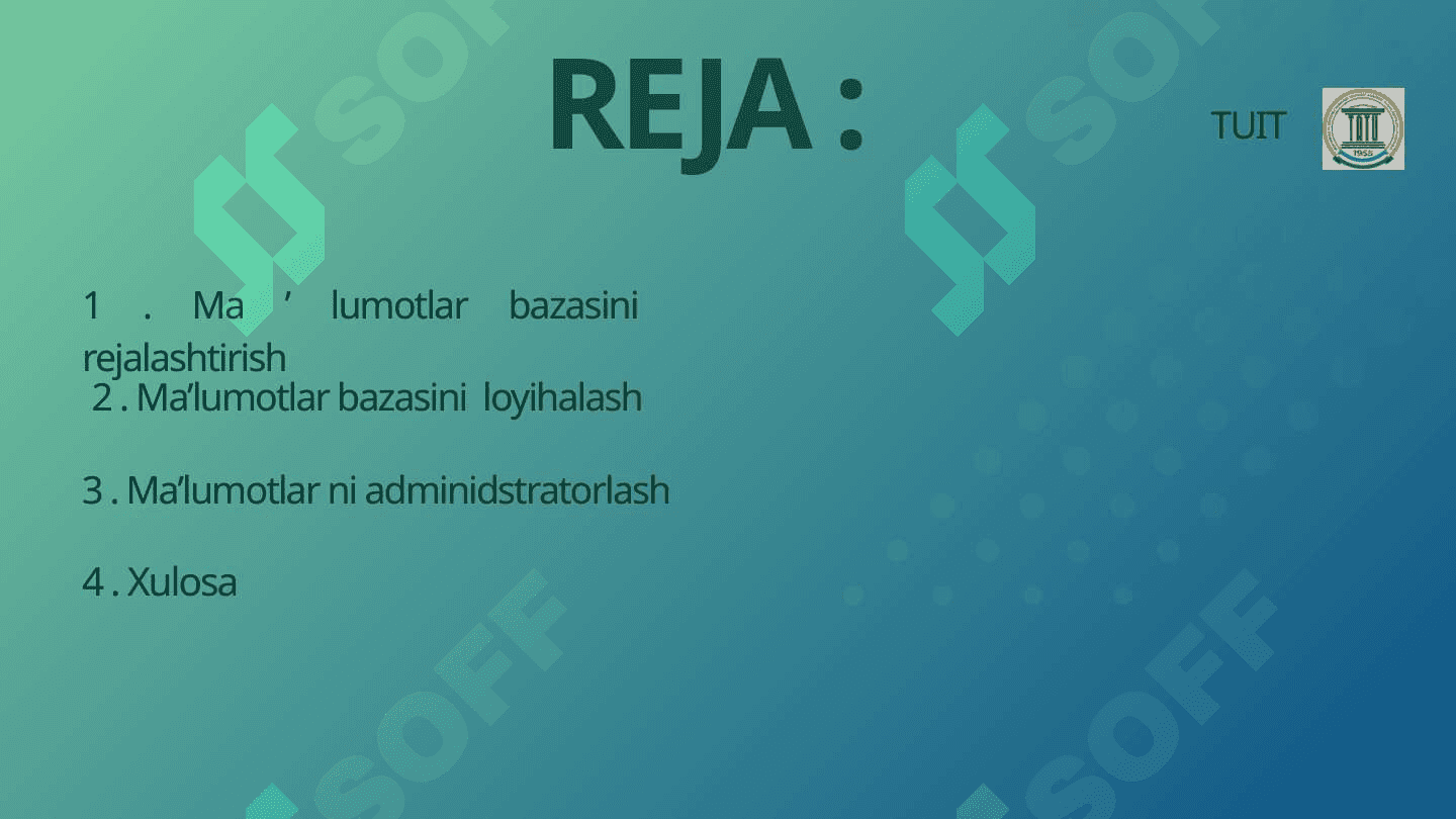 Ma’lumotlar bazasini rеjalashtirish, loyihalashlash va administratorlash. 2