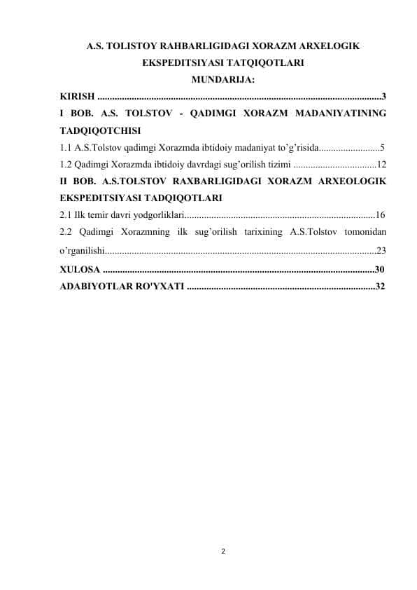 A.S. TOLISTOY RAHBARLIGIDAGI XORAZM ARXELOGIK EKSPEDITSIYASI TATQIQOTLARI