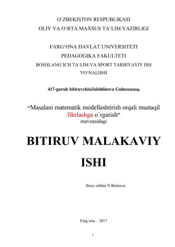 Masalani matematik modellashtirish orqali mustaqil fikrlashga o`rgatish