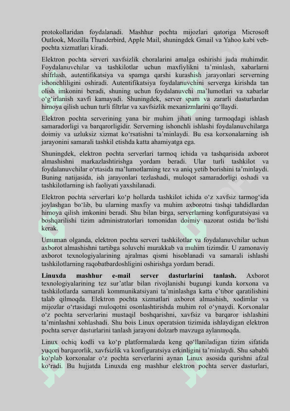 Linux operatsion tizmida e–mail server xizmatini o’rnatish va sozlash. 4