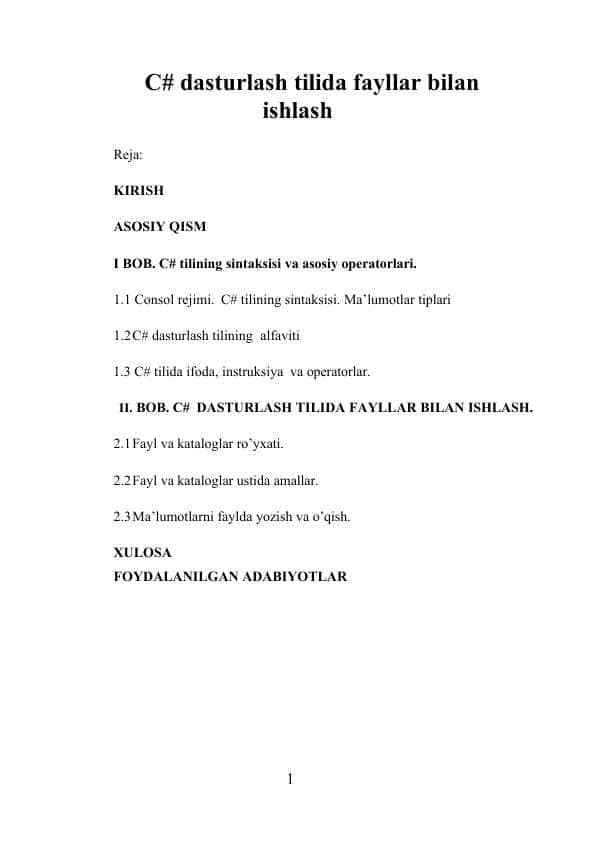 C# dasturlash tilida fayllar bilan ishlash