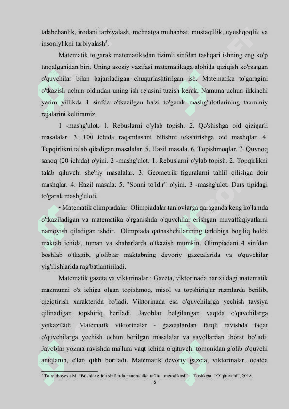 BOSHLANG’ICH SINFLARDA MATEMATIKADAN SINFDAN TASHQARI ISHLARNI TASHKIL ETISH METODIKASI (2 SINF MISOLIDA).docx 6