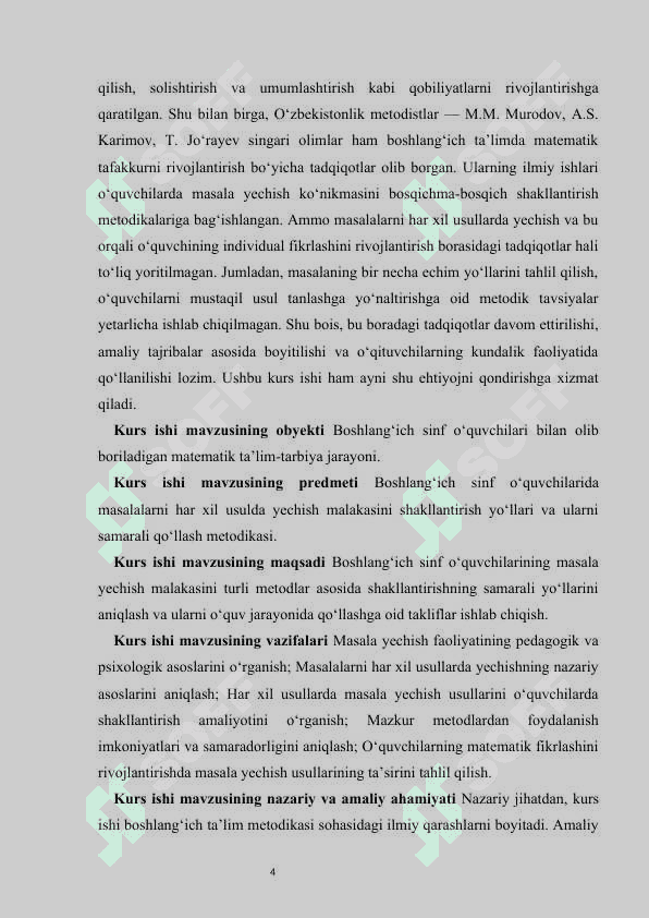 Boshlang‘ich sinf o‘quvchilari masalalarni har xil usulda yechish malakasini shakllantirish kurs ishi 4