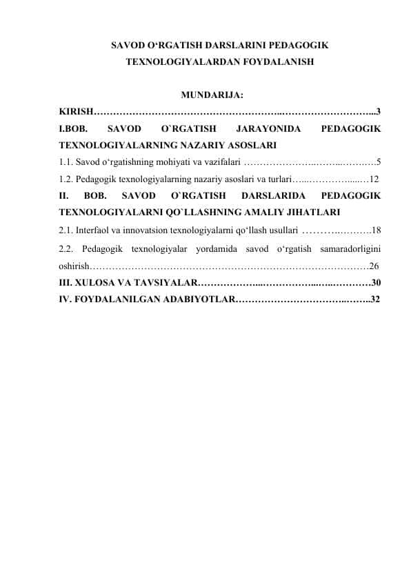 SAVOD O‘RGATISH DARSLARIDA PEDAGOGIK TEXNOLOGIYALARDAN FOYDALANISH