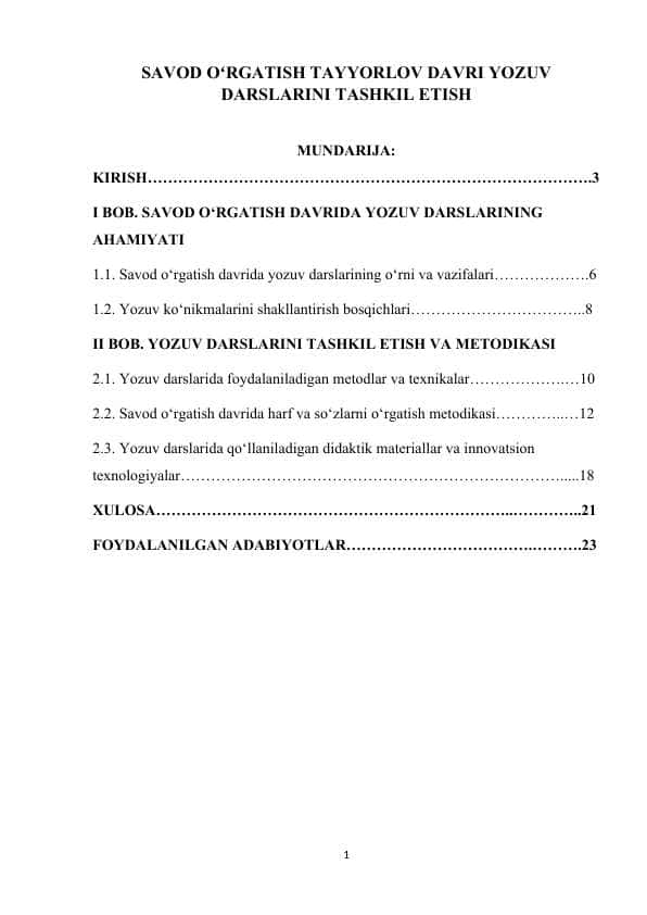 SAVOD OʻRGATISH TAYYORLOV DAVRI YOZUV DARSLARINI TASHKIL ETISH