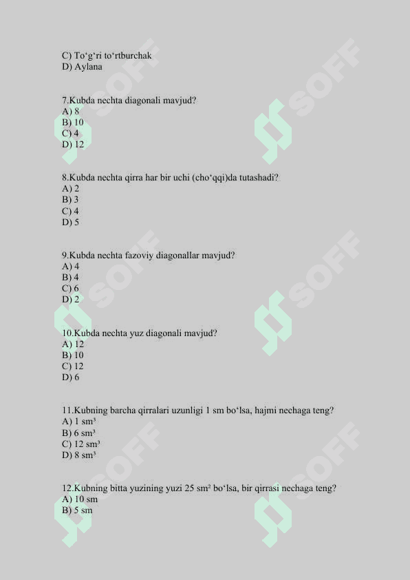Fazoviy shakllar Kub va uning elementlari  test 2