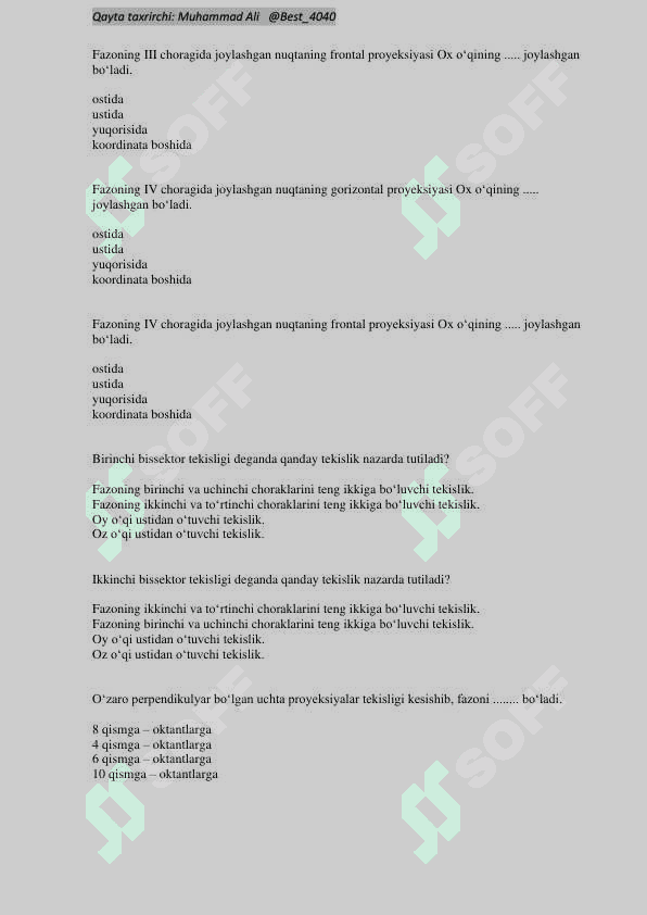 Muhandislik Grafikasi fanidan 2 kurslar uchun Oraliq va Yakuniy test javoblari 3