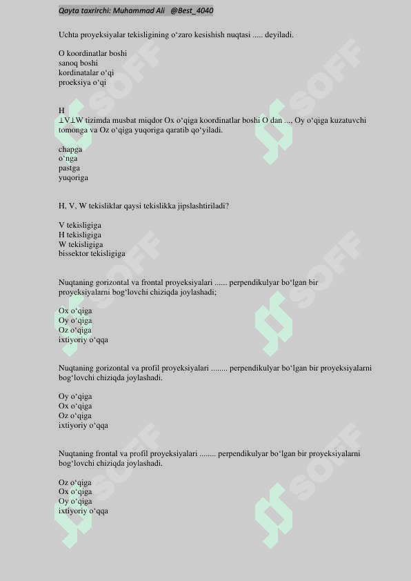 Muhandislik Grafikasi fanidan 2 kurslar uchun Oraliq va Yakuniy test javoblari 4