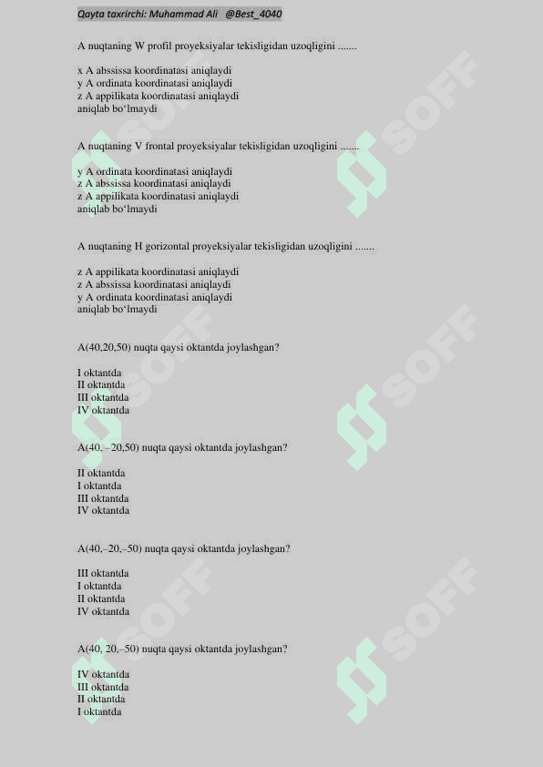 Muhandislik Grafikasi fanidan 2 kurslar uchun Oraliq va Yakuniy test javoblari 5