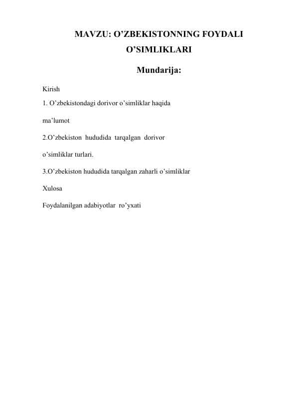 O’ZBEKISTONNING FOYDALI O’SIMLIKLARI