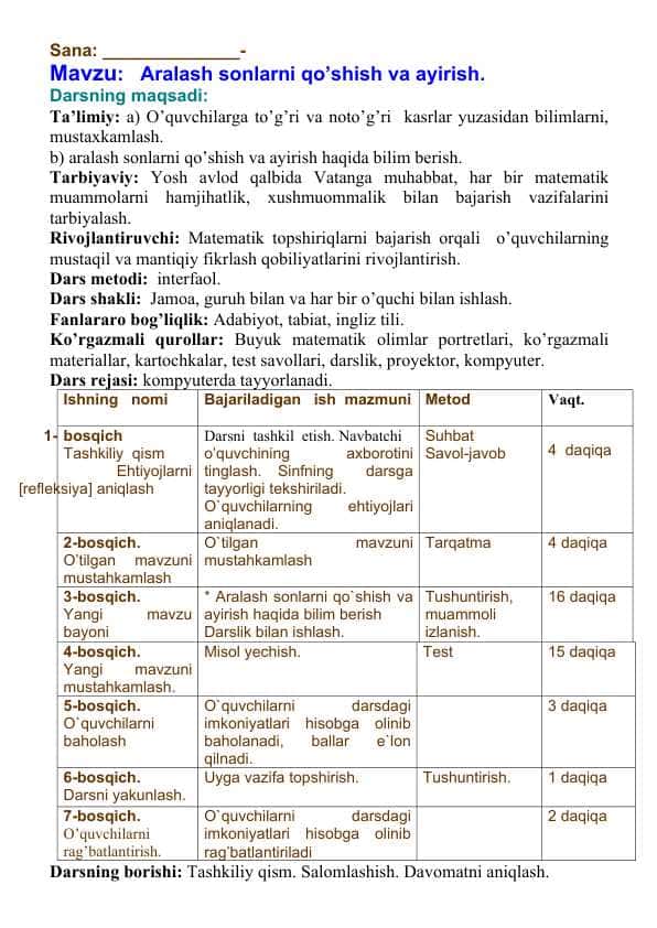 5-sinf Aralash sonlarni qo’shish va ayirish