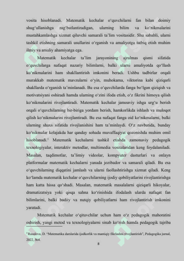 Matematik kechalarni tashkil qilish usullari 8