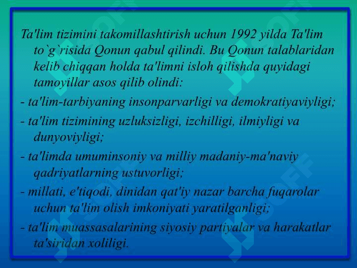 O`zbekiston Respublikasida  ta`lim  tizimi va ta’lim sohasidagi islohotlar 2