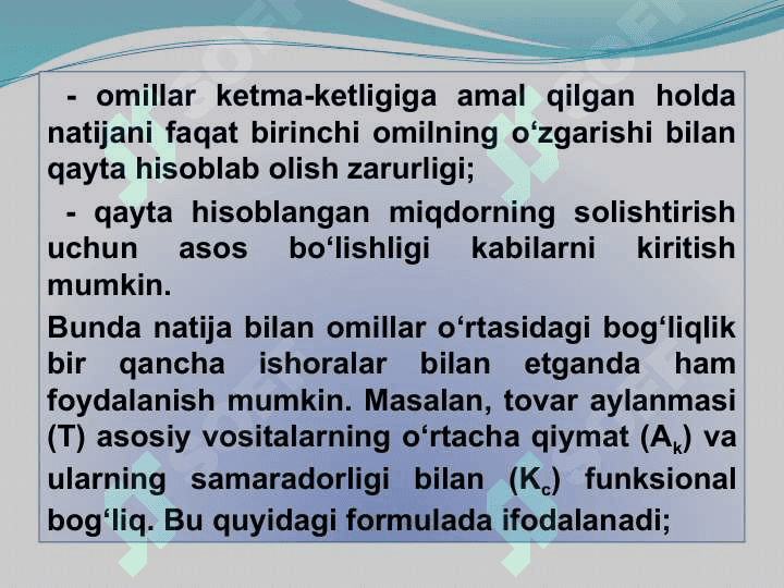 Tahlil jarayonida  qo‘llaniladigan qayta hisoblash usuli, uning mohiyati va o‘ziga hususiyati va amalga oshirish uslubiyoti. 4