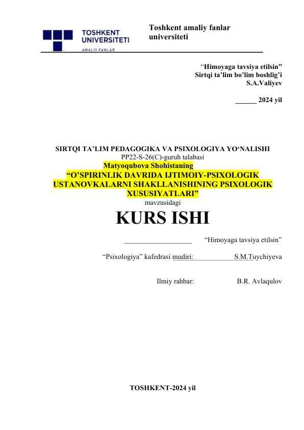 O’SPIRINLIK DAVRIDA IJTIMOIY-PSIXOLOGIK USTANOVKALARNI SHAKLLANISHINING PSIXOLOGIK XUSUSIYATLAR
