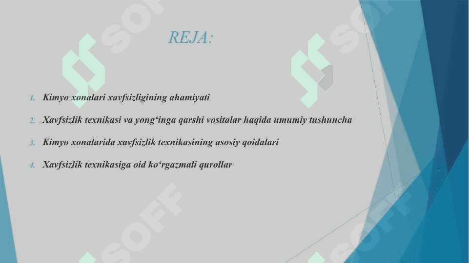 KIMYO XONALARI UCHUN XAVSIZLIK TEXNIKASIGA OID KO'RGAZMALI QUROLLAR VA YONG'INGA QARSHI VOSITALAR 2