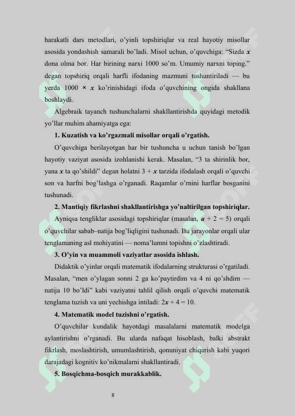 SONLI VA XARFLI IFODALARNI O’QITISH O’RGATISH  METODIKASI 8