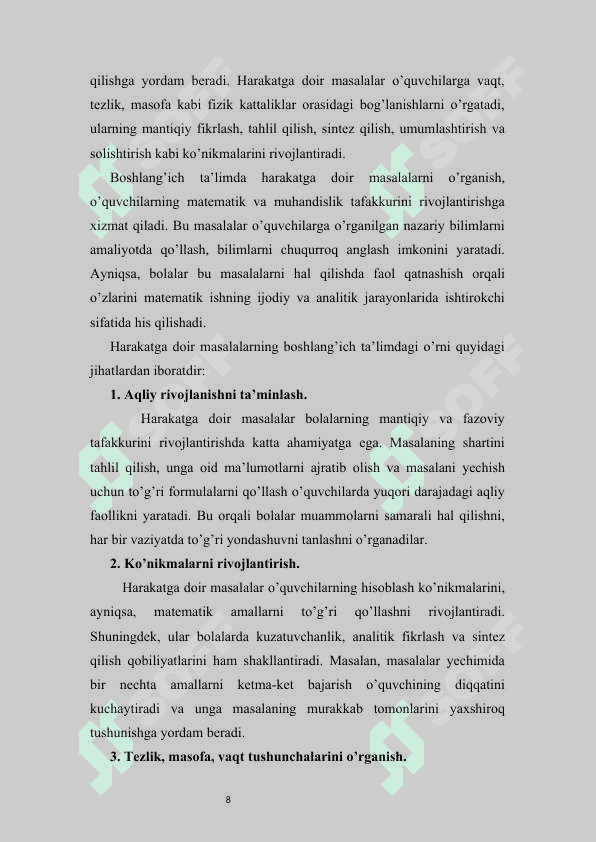 HARAKATGA DOIR MASALALAR BILAN ISHLASH METODIKASI 8