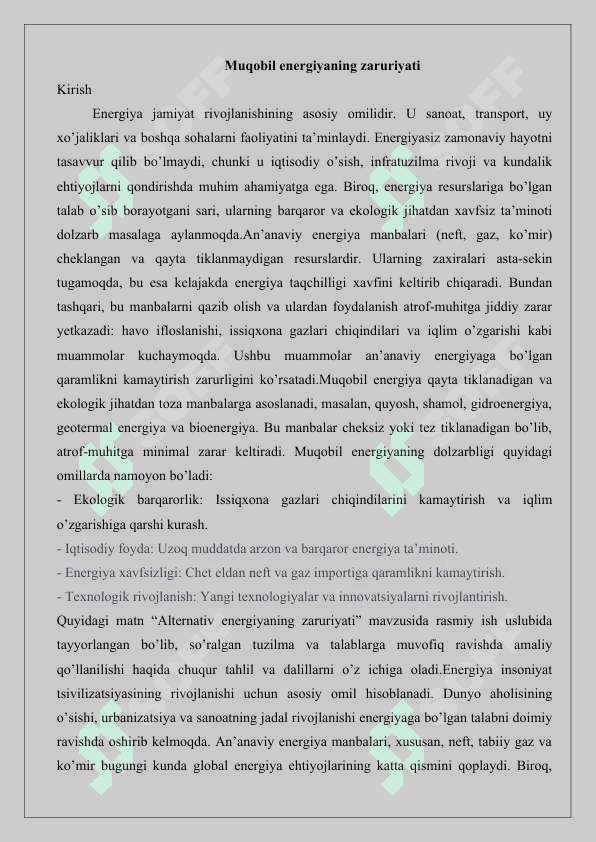 Alternativ energiyaning zaruriyati 25 2