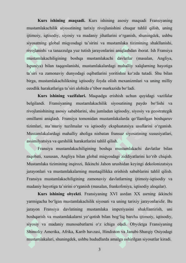 FRANSIYANING MUSTAMLAKACHILIK SIYOSATI kurs ishi 3