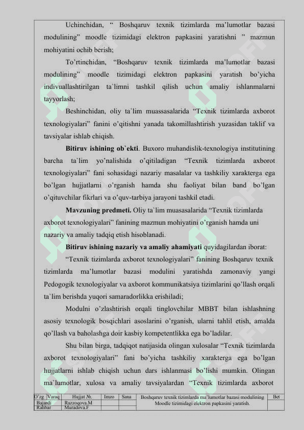 Boshqaruv texnik tizimlarda ma’lumotlar bazasi modulining Moodle tizimidagi elektron papkasini yaratish 5