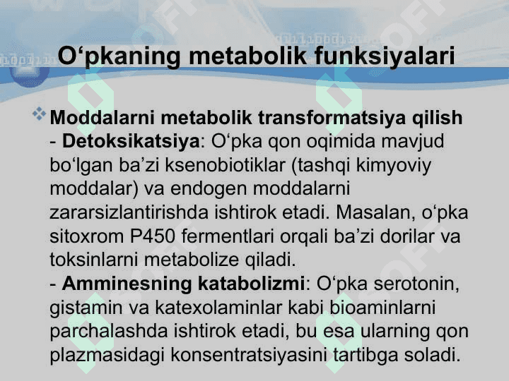 O‘pkaning metabolik funksiyalari va ularning buzilishlari 6