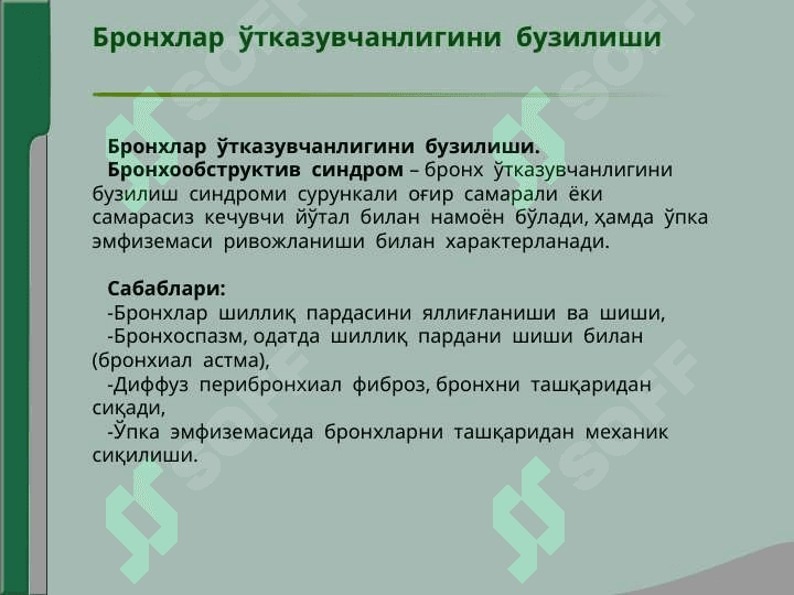 Нафас  органлари  касалликларида  асосийклиник  синдромлар.  Бронхлар  ўтказувчанлигинибузилиши, ўпка  тўқимасида  ҳавони  ортиб  кетиши  синдроми 3