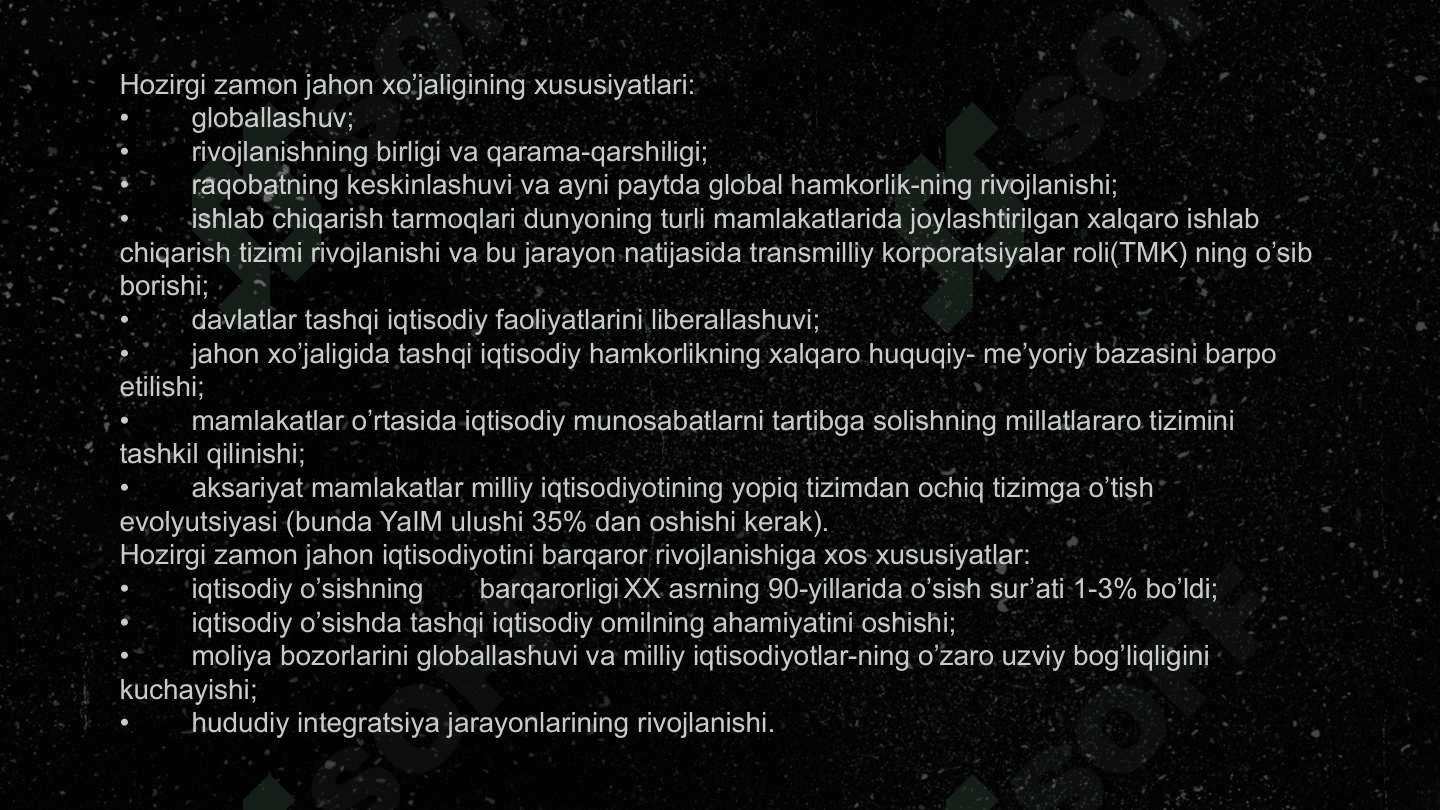 Jahon xo’jaligining globallashuv jarayonlarida O’zbekistonning ishtiroki 2