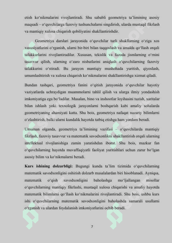 7-9-sinflarda geometrıya o’qıtıshnıng maqsadi, vazıfasi va mazmuni 7