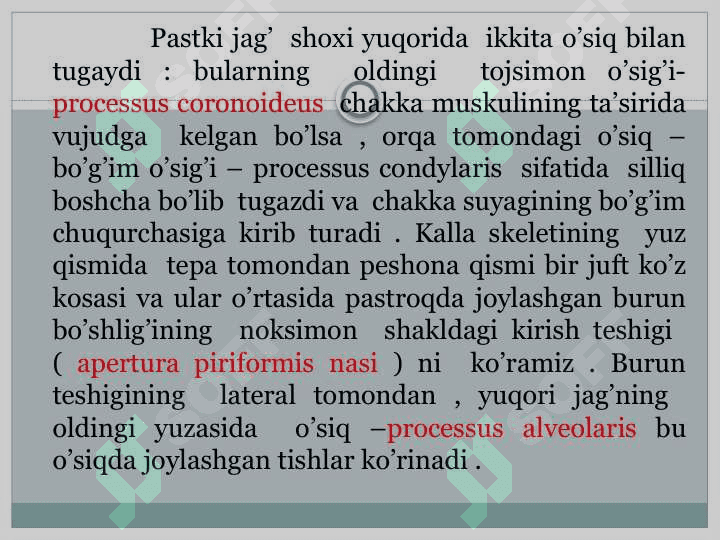 Mavzu :Kalla suyaklarining harakatchan va harakatsiz birikishlari .Choklar va ularning joylashuvi va hosil bo’lishi .Chakka –pastki jag’ bo’g’imi . KT, YAMR, MRT larda umumiy ko’rinish . 8