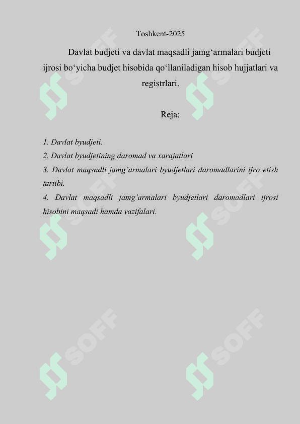 Davlat budjeti va davlat maqsadli jamg‘armalari budjeti ijrosi bo‘yicha budjet hisobida qo‘llaniladigan hisob hujjatlari va registrlari. 2