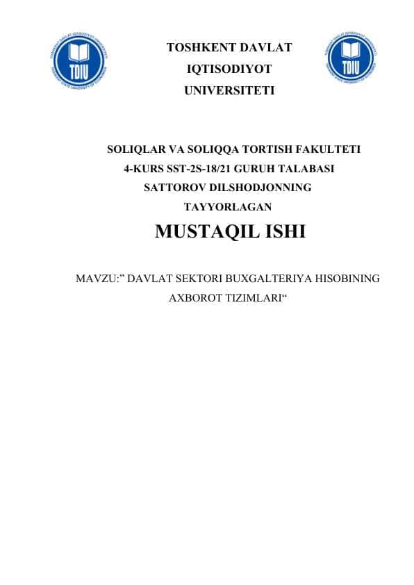 DAVLAT SEKTORI BUXGALTERIYA HISOBINING AXBOROT TIZIMLARI