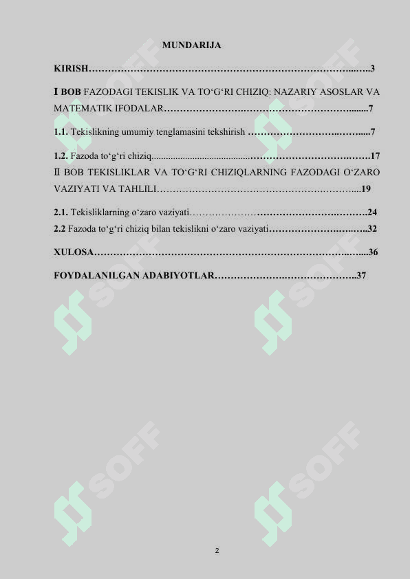 FAZODAGI TEKISLIK VA TOʻGʻRI CHIZIQNING OʻZARO VAZIYATI kurs ishi.docx 2