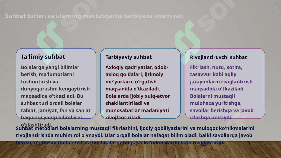 Maktabgacha ta’lim tashkilotlarida aqliy tarbiya berish metodikasi. Suhbat turlari va uning mazmuni. Hikoya qilib berish turlari va metodlari. 4