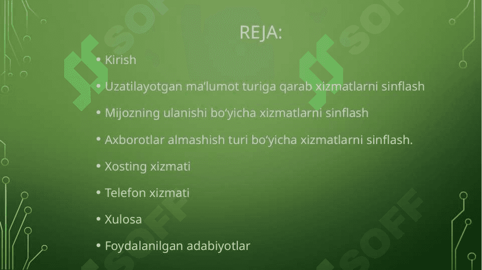 Multimediya aloqa tarmog‘ining transport telekommunikatsiya texnologiyalari, ochiq tizimlarni bir-biri bilan ishlash etalon modeli Multimediya tarmoqlari uchun xizmatlarni ta’minlash va xizmat ko‘rsatish 2