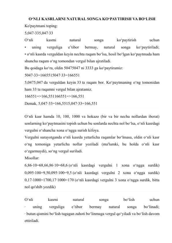 O‘NLI KASRLARNI NATURAL SONGA KO‘PAYTIRISH VA BO‘LISH 1