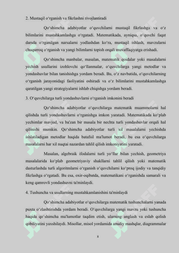 Matematika o’qitishda o’quvchilarni qo’shimcha adabiyotlar bilan va “Internet” resurslari bilan ishlashga o’rgatish muammolari 8
