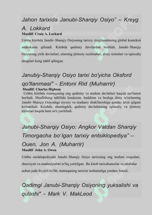 Qadimgi Janubi–Sharqiy Osiyo davlatlari” tarixiga oid kitoblar va internet saytlar bibliografiyasini tuzish. 2