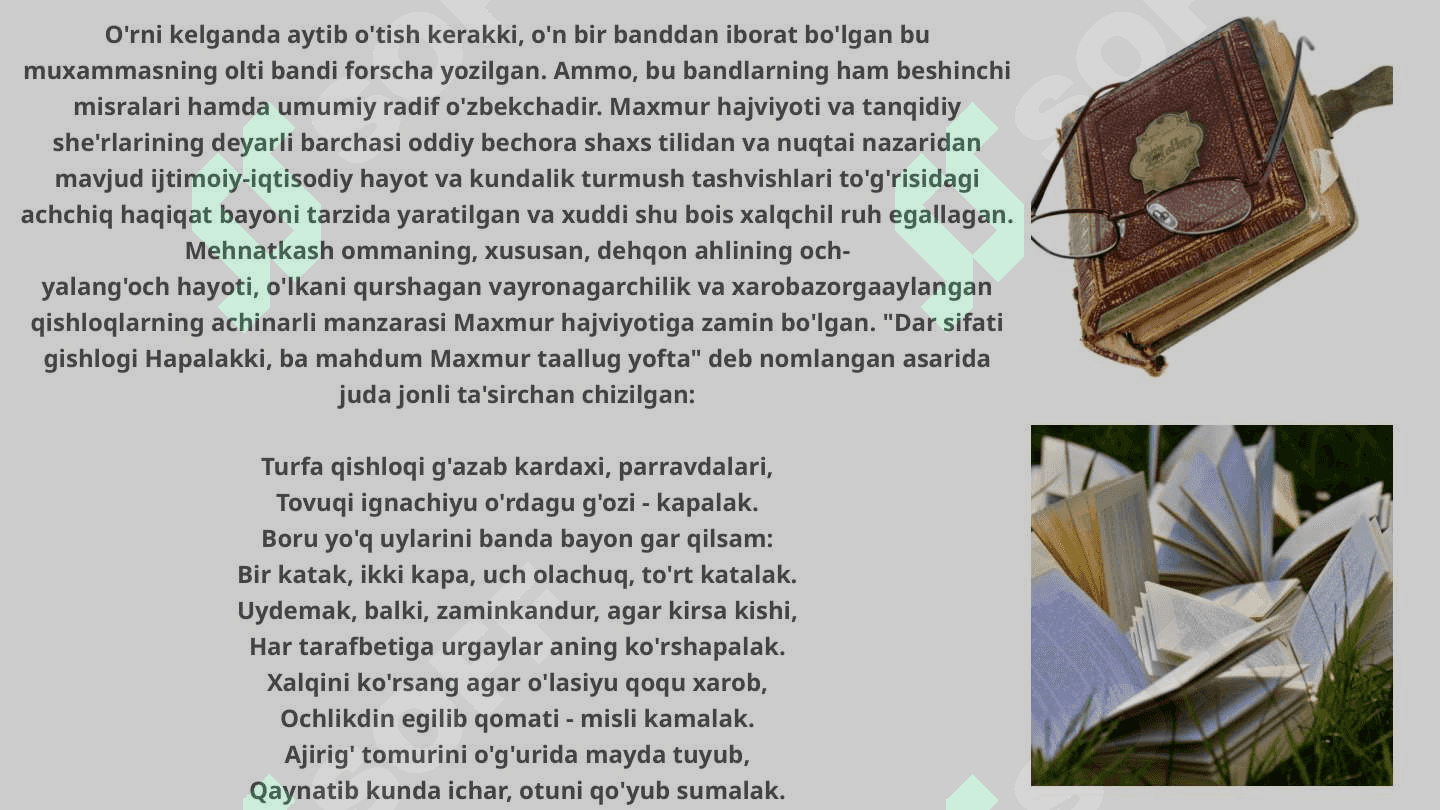 Maxmur satirasining mavzu mundarijasi va g'oyaviy-badiiy xususiyatlari. Maxmur satirasi. 8