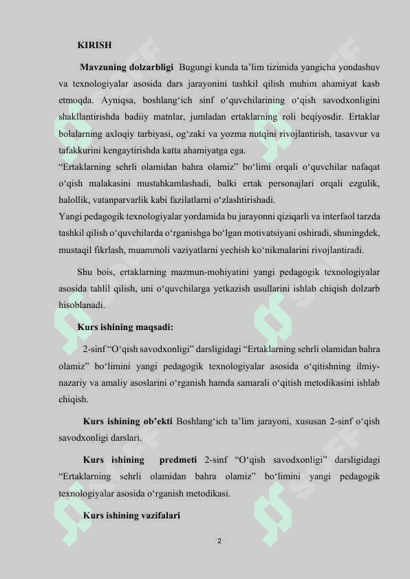 2 - sinf O'qish savodxonligi darsligidagi Ertaklarning sehrli olamidan bahra olamiz bo'limini yangi pedagogik texnologiyalar vositasida o'rganish 2