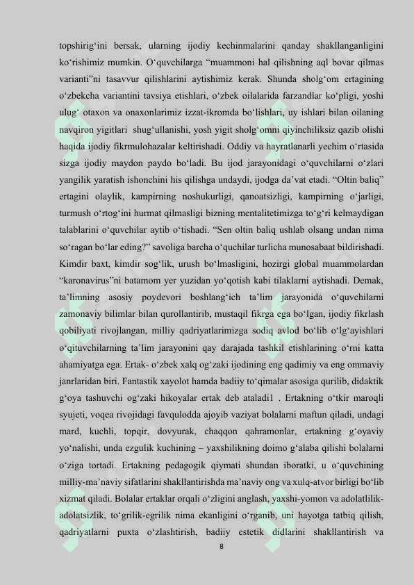 2 - sinf O'qish savodxonligi darsligidagi Ertaklarning sehrli olamidan bahra olamiz bo'limini yangi pedagogik texnologiyalar vositasida o'rganish 8