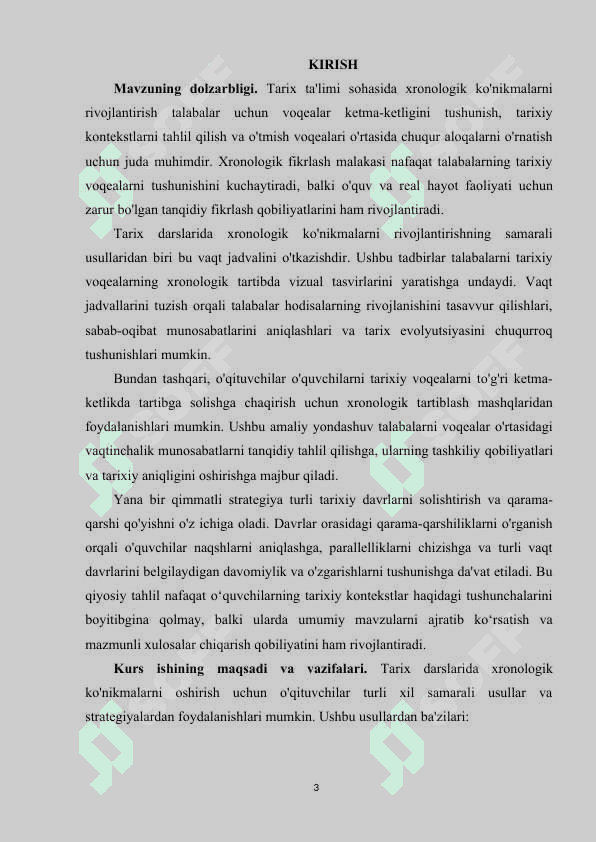 Tarix darslarida xronologik ko'nikmalarni shakllantirish usullari kur ishi.doc 3